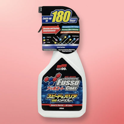 Just spray and wipe to freshen up your vehicle’s bodywork, removing light dust and dirt while applying a highly durable Fusso coating, cleaning and coating in one step! The wax coating is reinforced with fluoropolymers to enhance and extend hydrophobicity for up to 180 days. Perfect for maintaining Fusso Coat. Name of product 	Fusso Coat Speed & Barrier Hand Spray (T) JAN code 	4975759102915 Content 	500ml Ingredients and materials 	